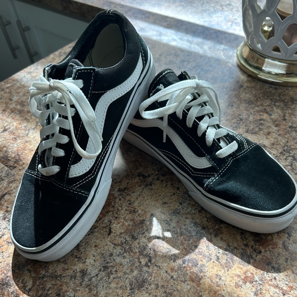 Vans Classic Black and White Low-Tops. Black suede and canvas. Women’s size 7